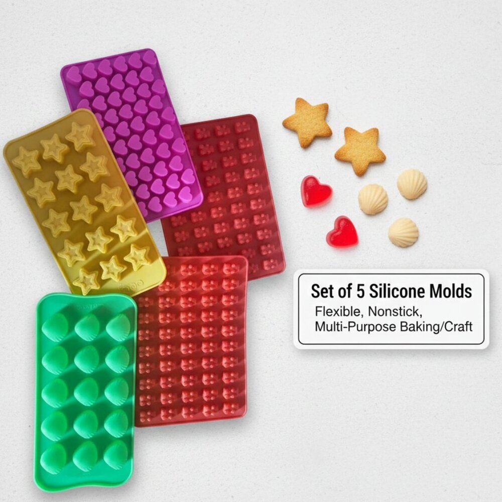 178. Set of 5 Silicone Molds Flexible, Nonstick, Multi-Purpose Baking/Craft